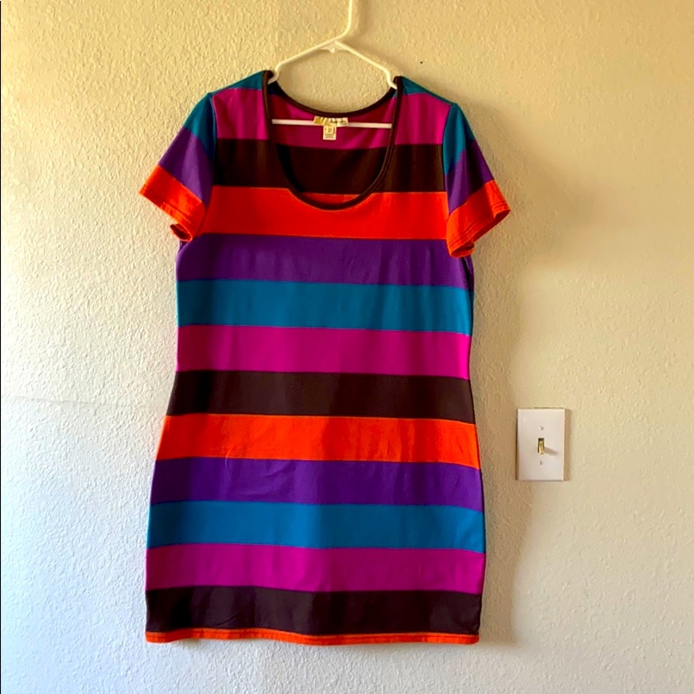 Vibrantly colored striped t-shirt dress.